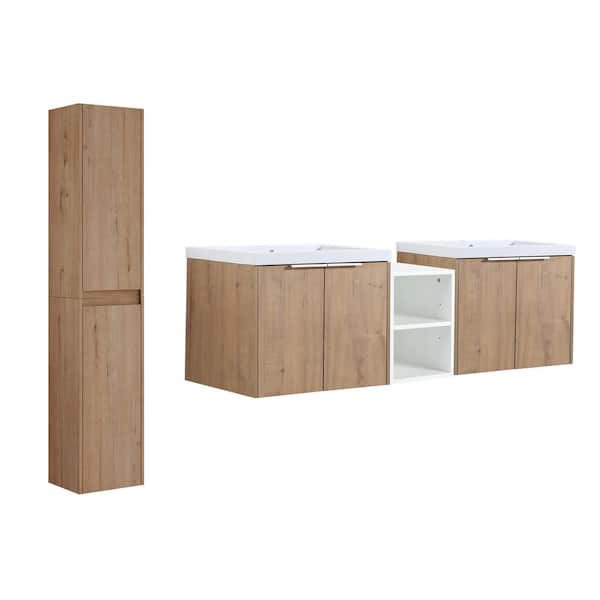 Aoibox 84 in. W Floating Single Sink in Oak with White Resin Basin Top and Soft Close Side Cabinet