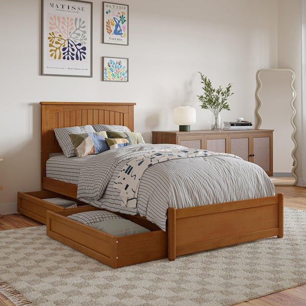 AFI Malta Light Toffee Natural Bronze Solid Wood Frame Twin XL Platform Bed Panel Footboard Storage Drawers