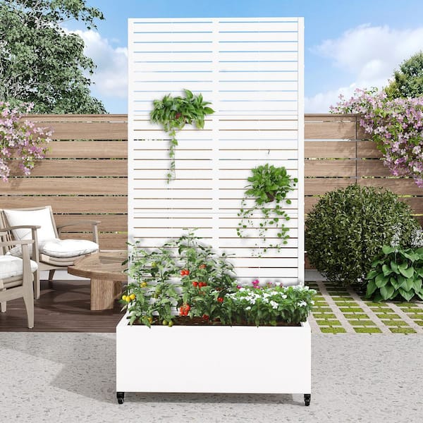 72 in. H x 35 in. W Rectanglar White Outdoor Metal Privacy Screen Planter Box Wall Decor in Louvered Pattern