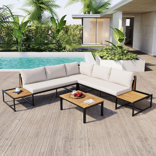 Sudzendf 4-Piece Metal Outdoor Conversation Patio Furniture Set with Beige Cushions
