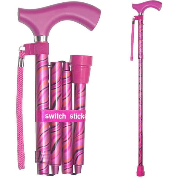 switch sticks Luxury Folding Walking Stick 32 in. to 37 in. with Water Resistant Bag, Wrist Strap and Hook and Loop Band in Pink