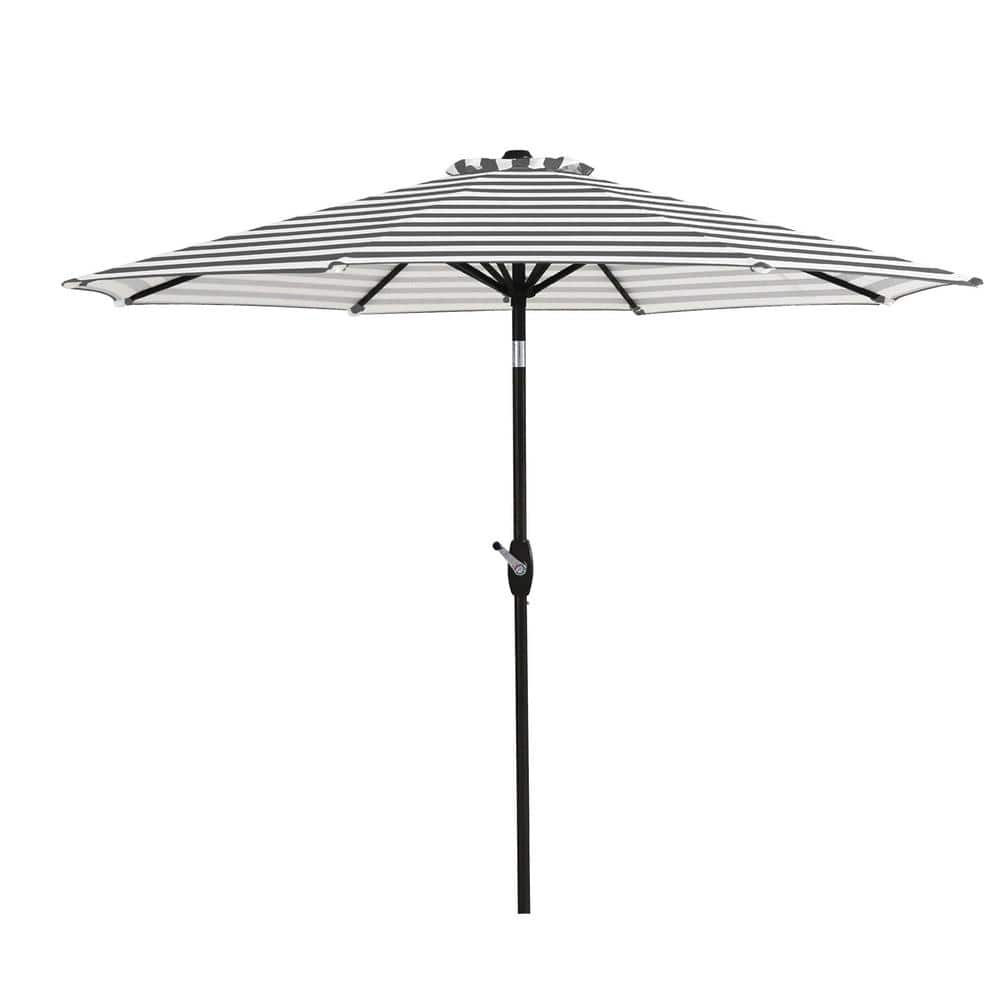 Gray and White Stripe 9 Ft Steel Outdoor Patio Umbrella with Resin Base