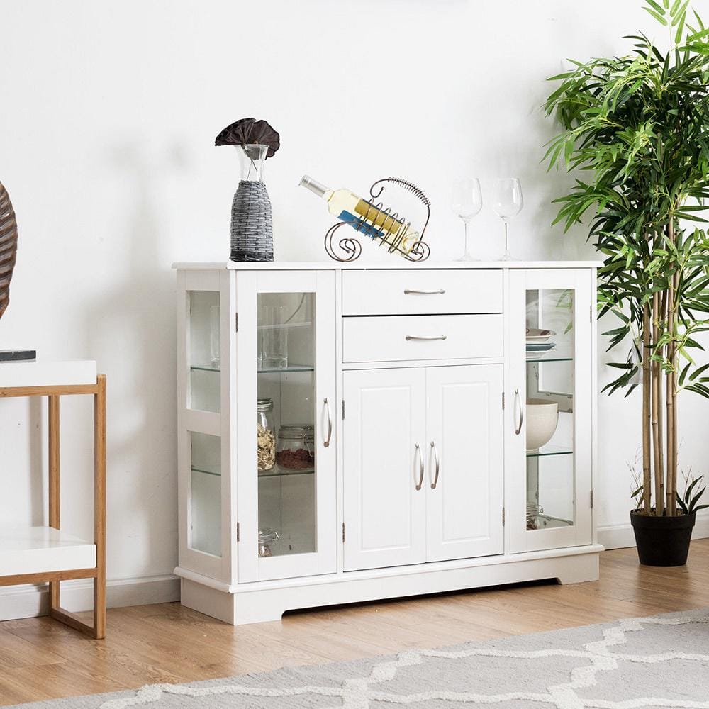White Buffet Storage Cabinet with Glass Doors and Drawers