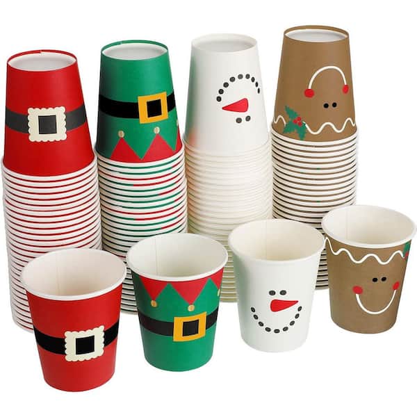 9 oz. Christmas Disposable Paper Coffee Cups with Santa Snowman Snowflake (Set of 100)
