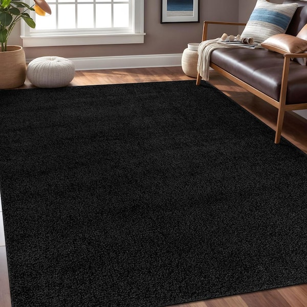 Silky 4 ft. x 6 ft. Black Solid Plus Thick Pile Non Slip Easy Clean Non Shedding Modern Indoor Area Rug