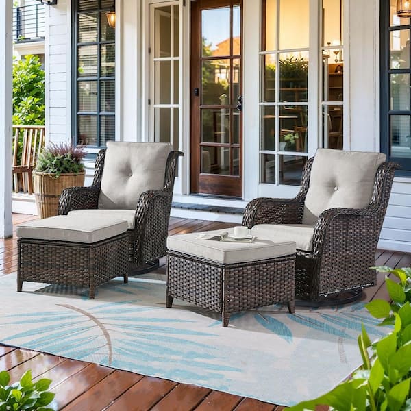 ArcoBay 4-Piece Brown Wicker Outdoor Rocking Chair Patio Swivel Chairs with Beige Cushions and Ottomans