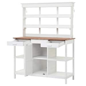 White Outdoor Wooden Potting Bench Table with 2 Drawers and Open Shelves