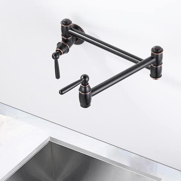 Brass Wall Mount Pot Filler with Brass Valve, 2-Handles, Double Joint Swing Arms and 2-Aerators in Oil Rubbed Bronze