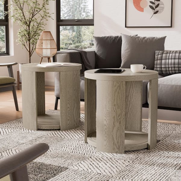 Furniture of America Rosin 2 Piece Modern 24 in. Oak Round Wood End Table With Shelf