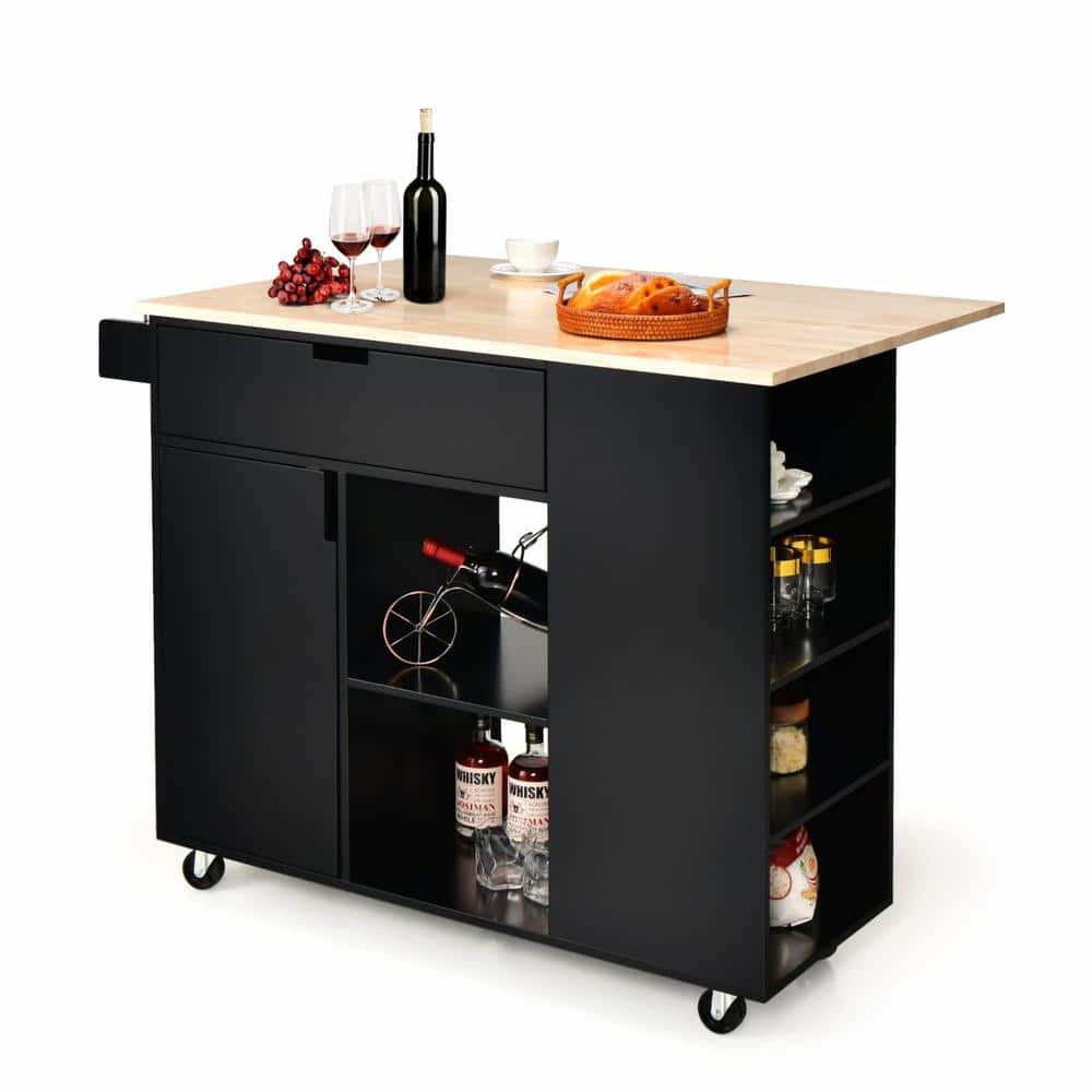 Bunpeony Black Kitchen Cart with Rubber Wood Top SCF059 The Home Depot