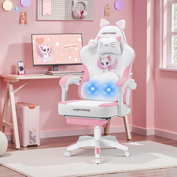 Girls Faux Leather Gaming Chair with Lumbar Support Ergonomic Game Chair Pink Color with Arms