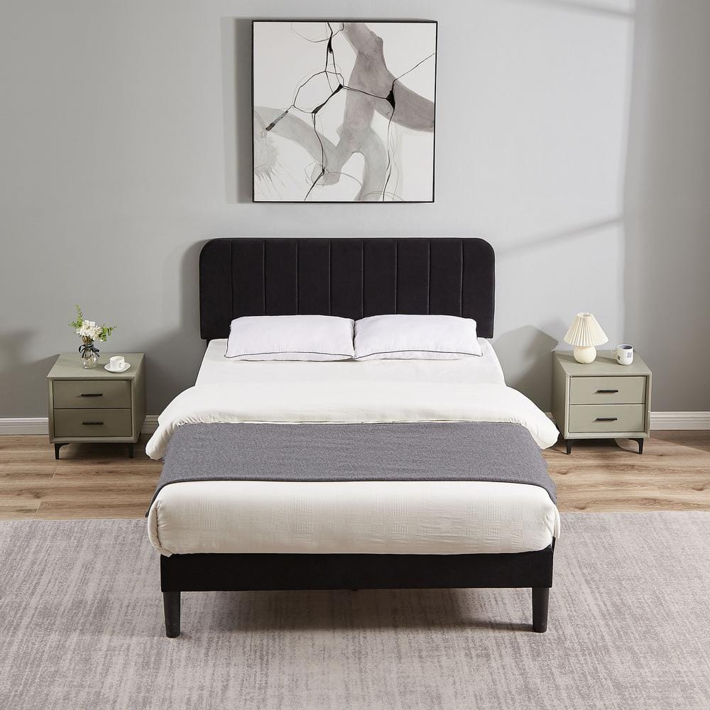 VECELO Upholstered Bed, Black Full Bed Platform BedFrame With ...