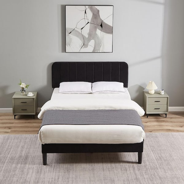 VECELO Upholstered Bed, Black Full Bed Platform BedFrame with Adjustable Headboard, Strong Wooden Slats Support Bed Frame