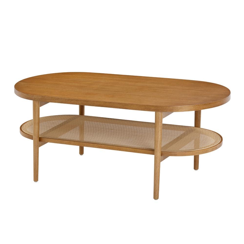 Sonia 46 in. Bohemian Honey Brown Oval MDF with Wood Veneer Coffee Table, Solid Wood Legs and Rattan Bottom Shelf