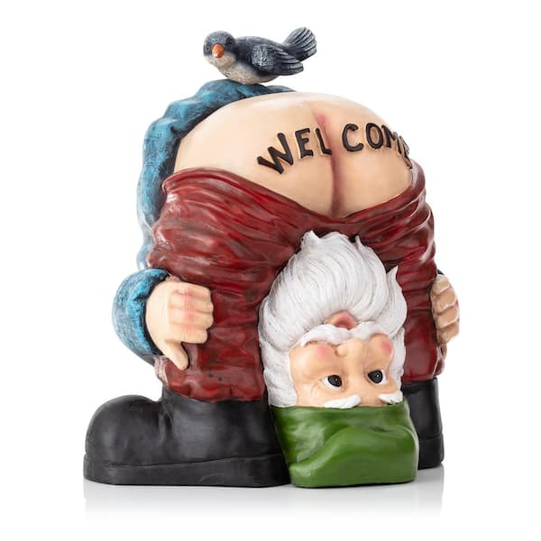 Alpine Corporation 22 in. Tall Mooning "Welcome" Outdoor Garden Gnome with Bird Yard Statue Decoration