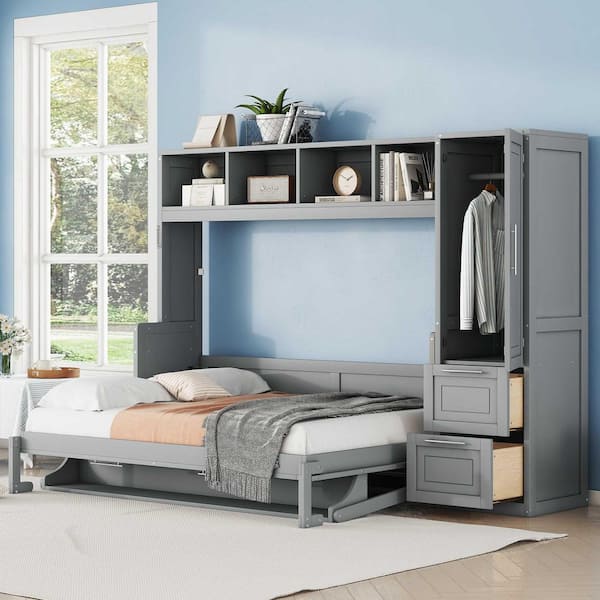 Gray Wood Frame Full Murphy Bed with Closet and Drawers