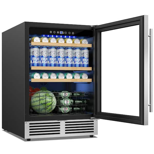 24 in. Single Zone 220 Plus Cans Beverage Refrigerator in Silver with 2-Different Door Handle Built-in Beverage Cooler