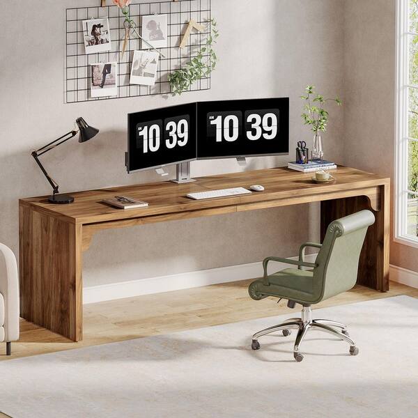 BYBLIGHT 78.7 in. Rectangle Medium Walnut Brown Wood Computer Desk