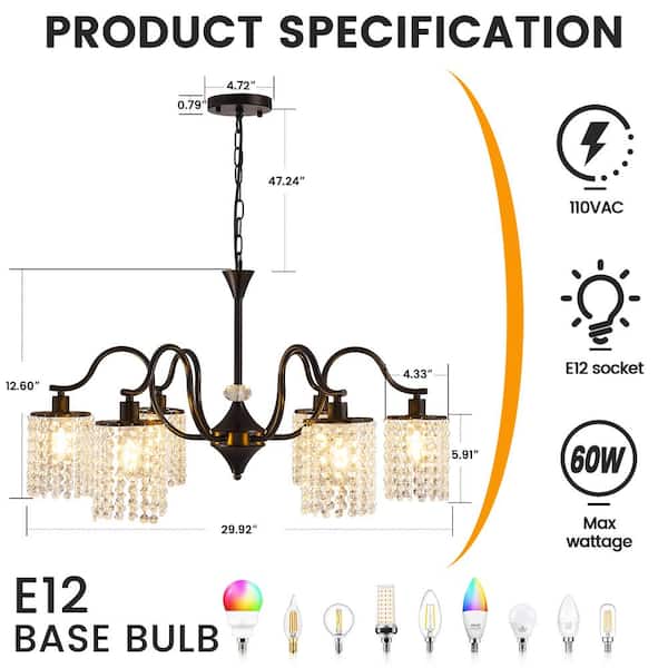 29.92 in. 6-Light Mordern Black Chandelier with K9 Crystals