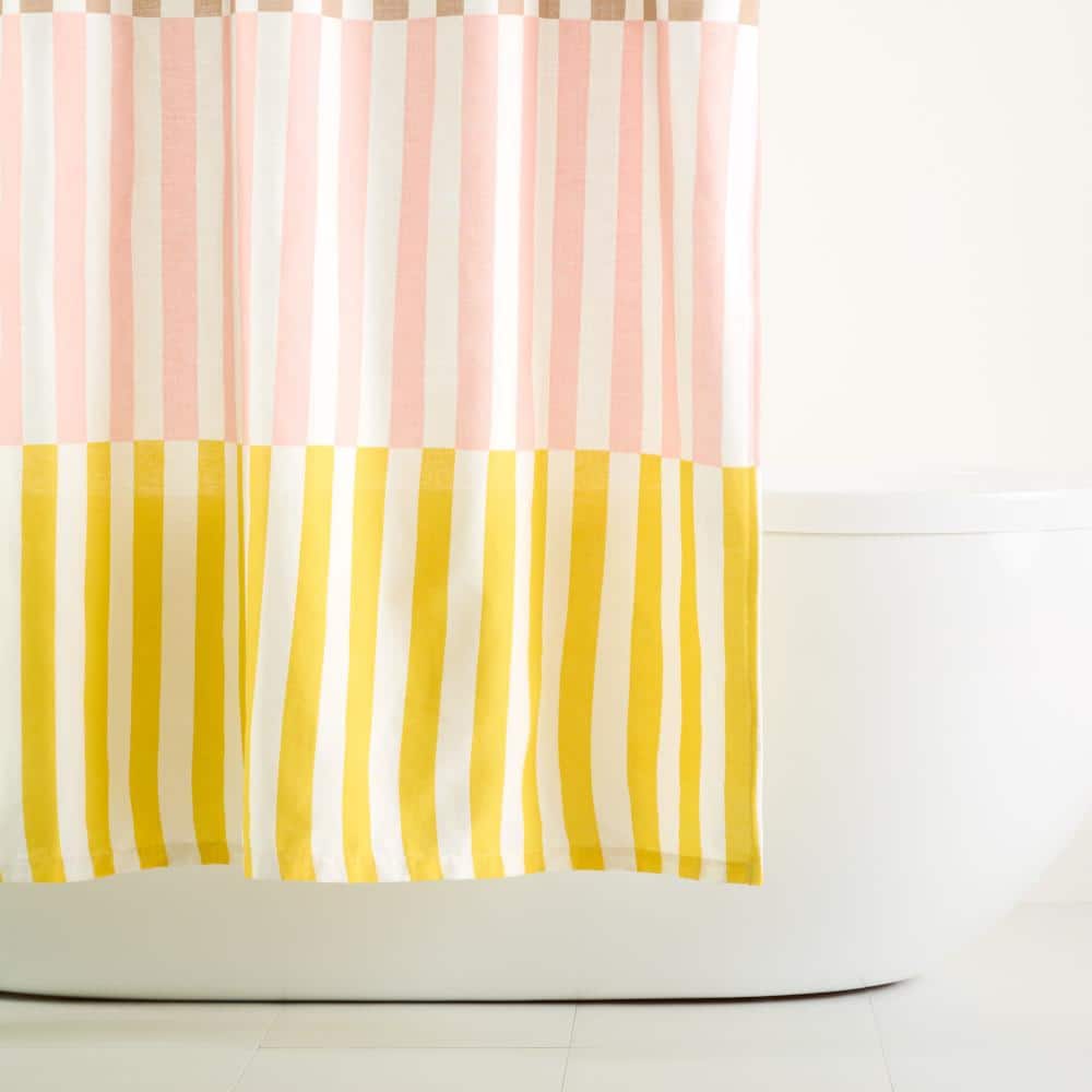 Adeline Pink Beige Yellow Cotton Stripe Shower Curtain 70" x 72"