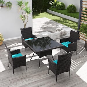 5-Piece Wicker Square Outdoor Dining Set with Glass Tabletop, 1.5 in. Umbrella Hole and Cushion Blue