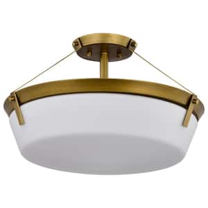 Rowen 18.5 in. 4-Light Natural Brass Traditional Semi-Flush Mount with Etched White Glass Shade and No Bulbs Included