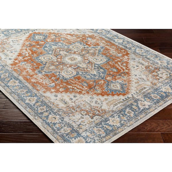 Lillian Sky Blue/Rust Medallion 9 ft. x 12 ft. Machine-Washable Indoor Area Rug