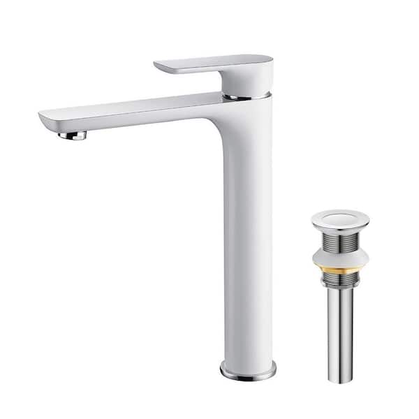 KIBI Single Hole Tender-T Single Handle Bathroom Vessel Sink Faucet with Pop Up Drain in Chrome/White