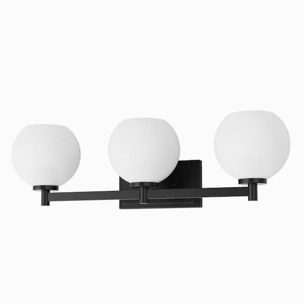 25 in. 3-Light Matte Black Globe Vanity Light Dimmable with White Glass Shade for Bathroom