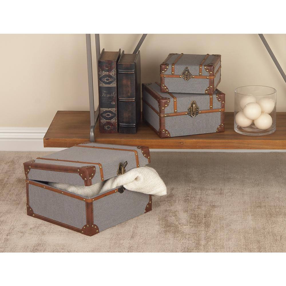 Gray Upholstered Wood 3-Piece Decorative Box Set with Hinged Lids