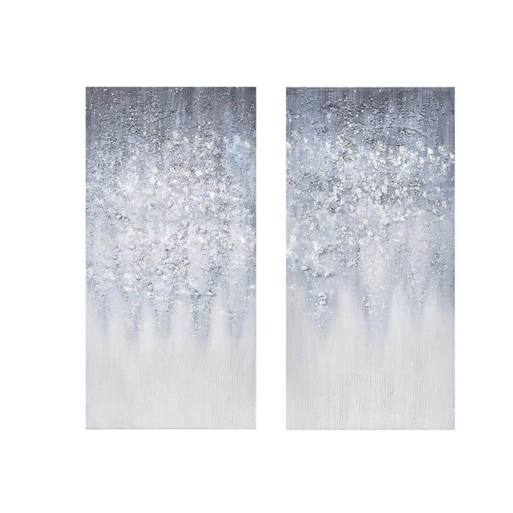 Winter Glaze Blue and White Abstract Embellished Canvas Art 15"x30"