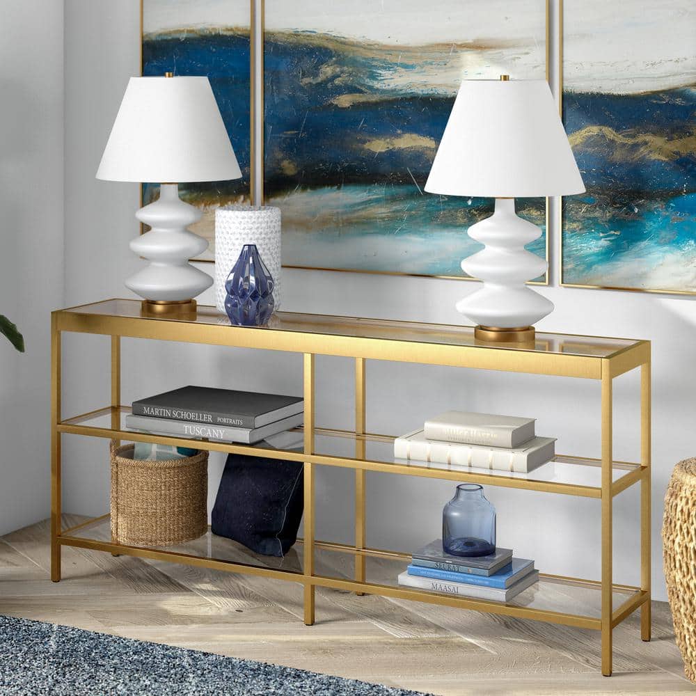 Evelyn & Zoe 64" Brass-Tempered Glass Console Table with Storage