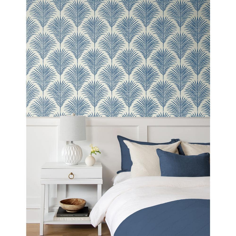 Coastal Blue Palm Frond Vinyl Peel and Stick Wallpaper Roll