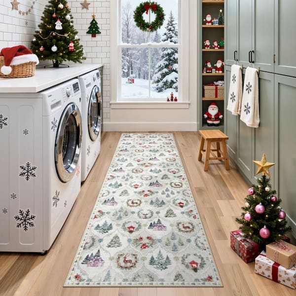 Christmas World 2 X 6 Beige Christmas Village Pattern Washable Area Rug Runner Rug