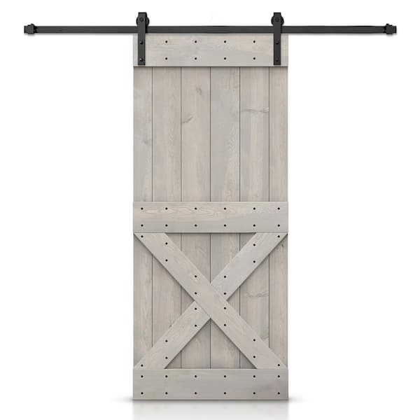 CALHOME Mini X 26 in. x 84 in. Silver Gray Stained DIY Wood Interior Sliding Barn Door with Hardware Kit