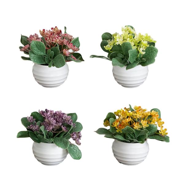 4 in. Multi-Colored Artificial Mini Assorted Flowers in White Decorative Oval Planter - Set of 4