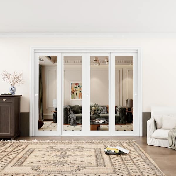 96 in. x 80 in. 1-Lite Mirror Glass White Finished MDF Interior Closet Sliding Door with Hardware and Handles