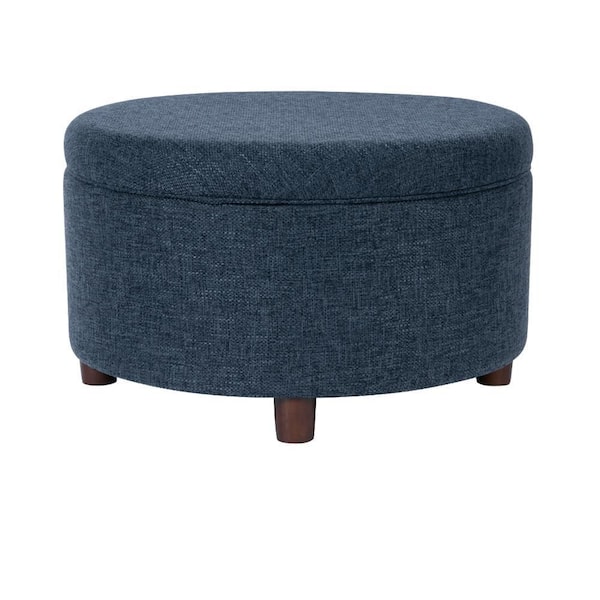 Navy Blue Fabric Round Storage Ottoman