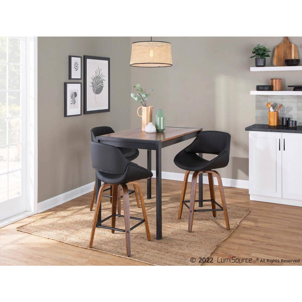 Flared Walnut Swivel Counter Stool with Black Upholstery, Set of 2