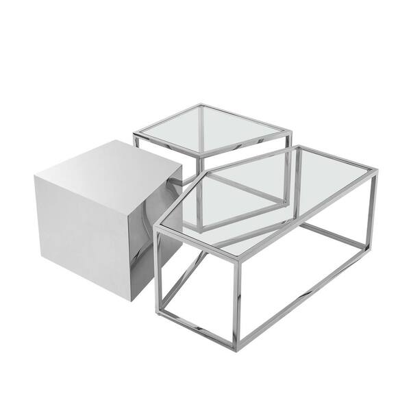 Inspired Home Honesti 37.4 in. Chrome Square Glass Coffee Table With Metal Open Frame CT53135SR
