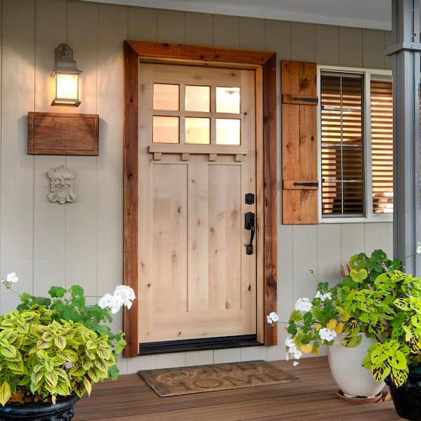 36 in. x 80 in. Craftsman Knotty Alder 6-Lite Clear Glass with Dentil Shelf Unfinished Wood Front Door Slab