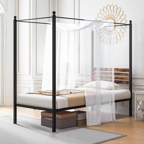 Gymax Rustic Brown Plus Black Rustproof Metal Frame Queen Size 4-Post Canopy Bed Frame Noise-Free with Foot Pads