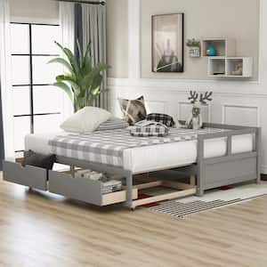 Wooden Daybed with Trundle Bed and 2 Storage Drawers, Extendable Bed Daybed,Sofa Bed for Bedroom Living Room - Gray