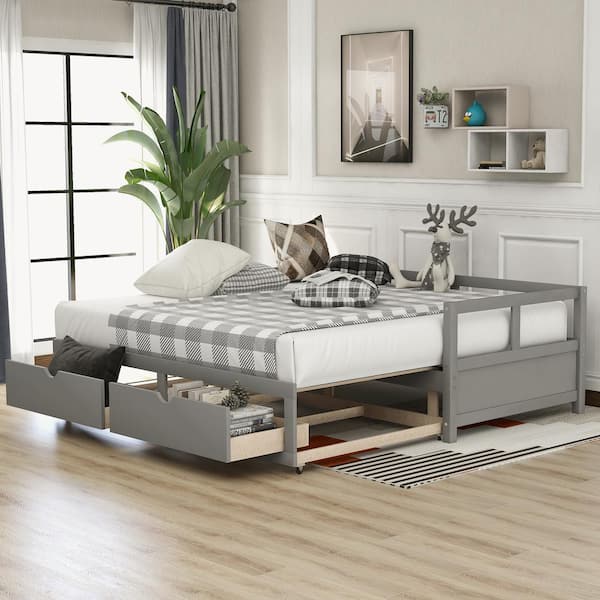 Extendable Twin Gray Daybed with Trundle Wood Daybed with Pull Out Trundle and 2-Drawers Twin to King Daybed Frame