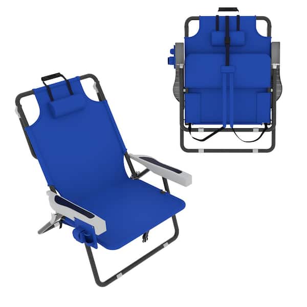 VEIKOUS 5-Position Adjustable Backpack Beach Chair Folding Lounge Chair with Pillow and Storage Bag, Dark Blue