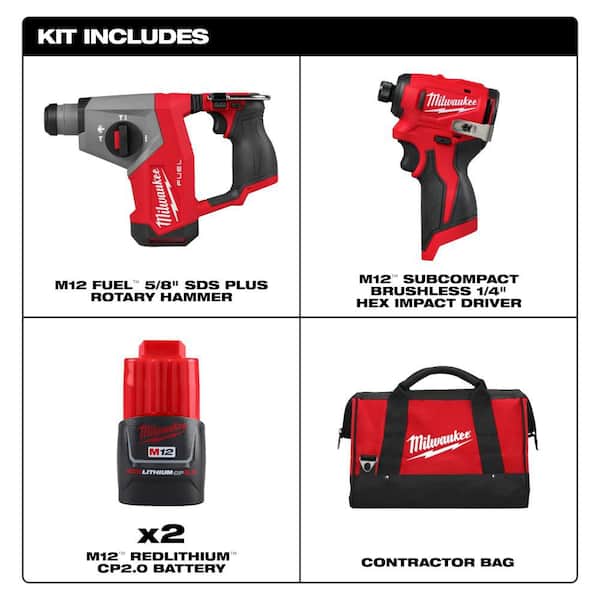 M12 FUEL 12V Lithium-Ion Brushless Cordless 5/8 in. SDS-Plus Rotary Hammer Drill, & Impact Driver Kit