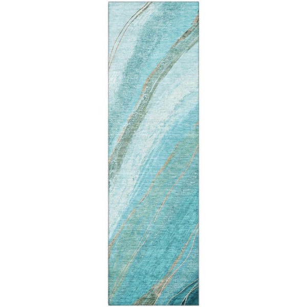 Mayfield Premium Machine Washable Abstract AMF2036 Turquoise 2 ft. x 7 ft. Runner Rug