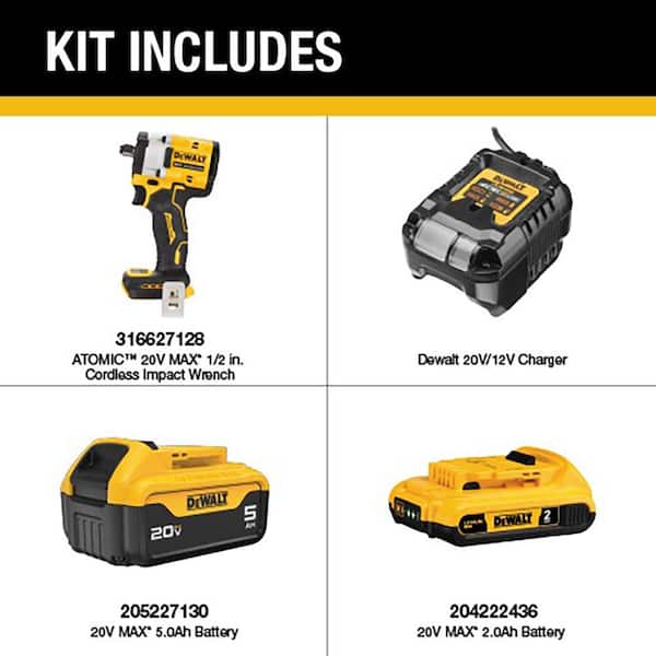 ATOMIC 20V MAX Lithium-Ion Cordless Brushless 1/2 in. Variable Speed Impact Wrench with 5 Ah & 2 Ah Batteries & Charger