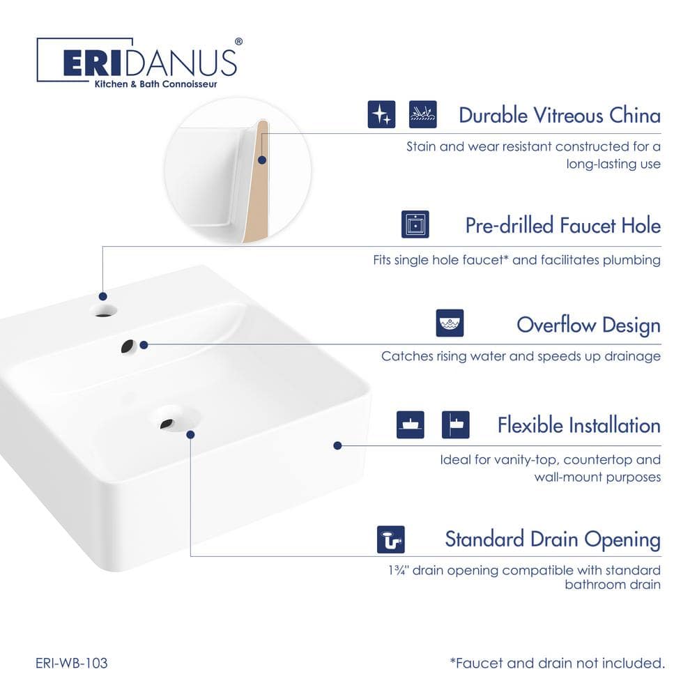 Crisp White Ceramic Square Wall-Mount Bathroom Sink with Overflow