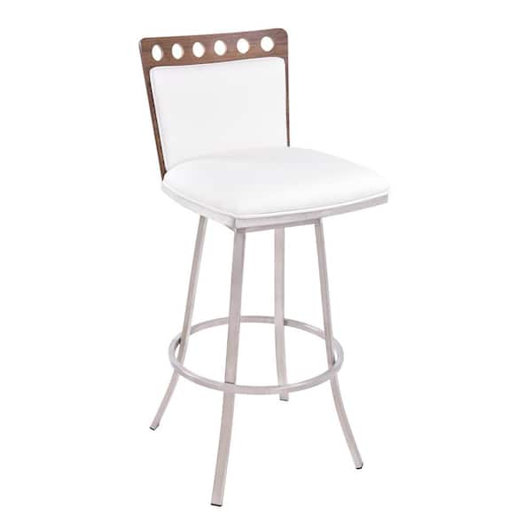 Armen Living Coco 30 in. White Faux Leather with Brushed Stainless Steel Finish and Walnut Back Swivel Bar Stool